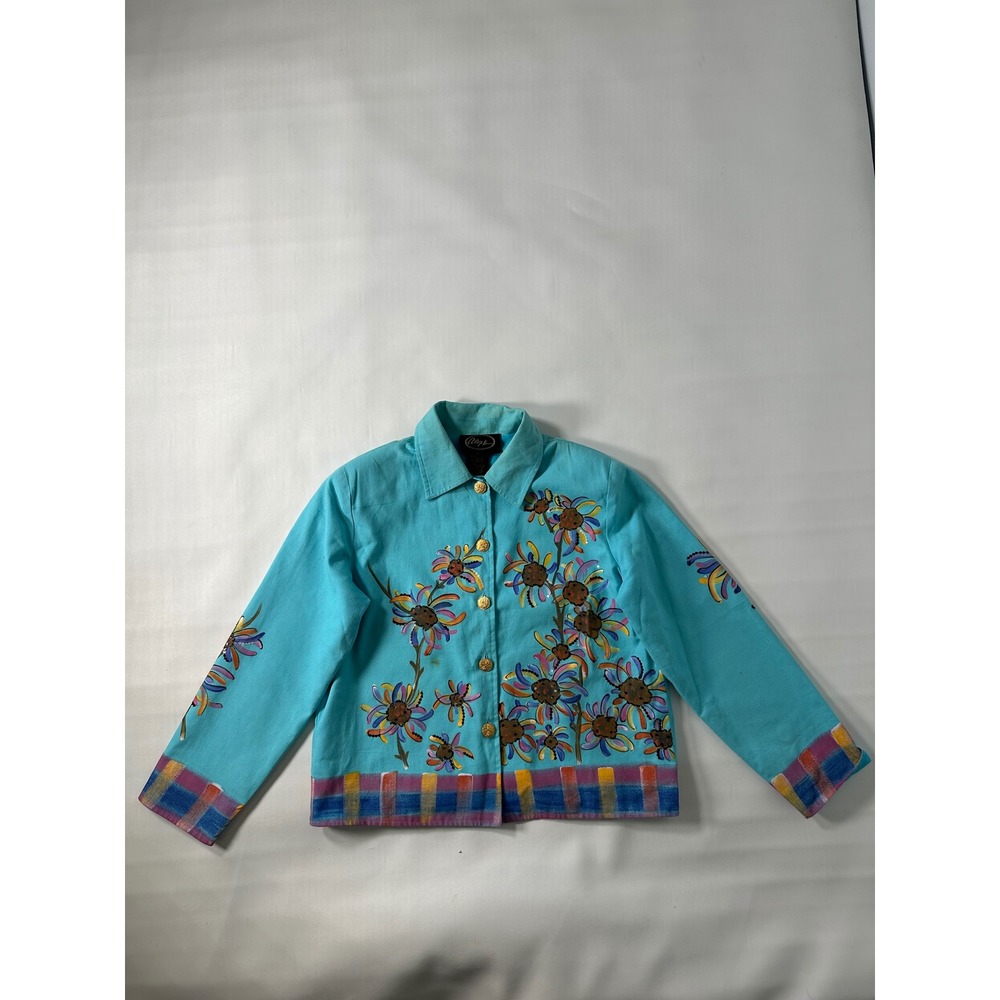 Alex Kim Blue Floral Embroidered Jacket Women's Medium Long Sleeve Button Up